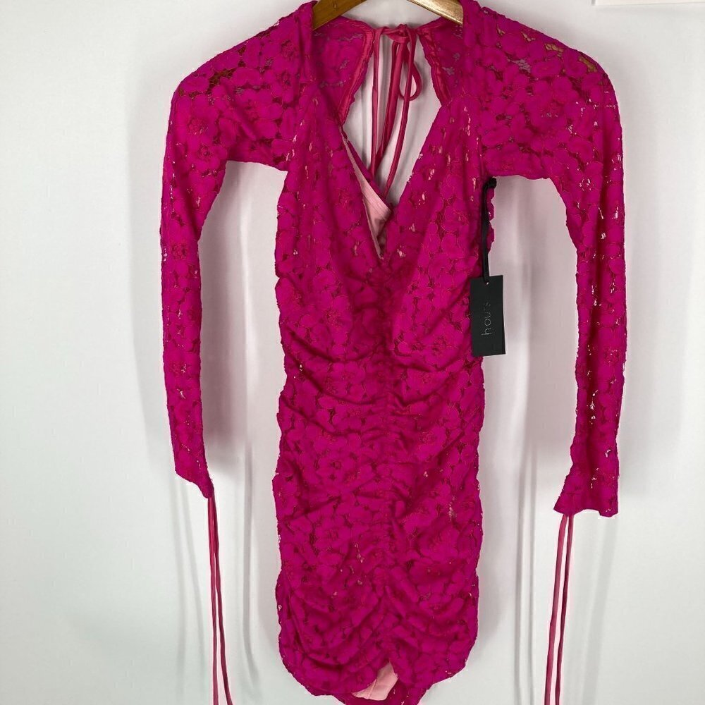 NWT Revolve h:ours pink lace ruched dress Francin bodycon style sz S Bar… - Picture 3 of 8